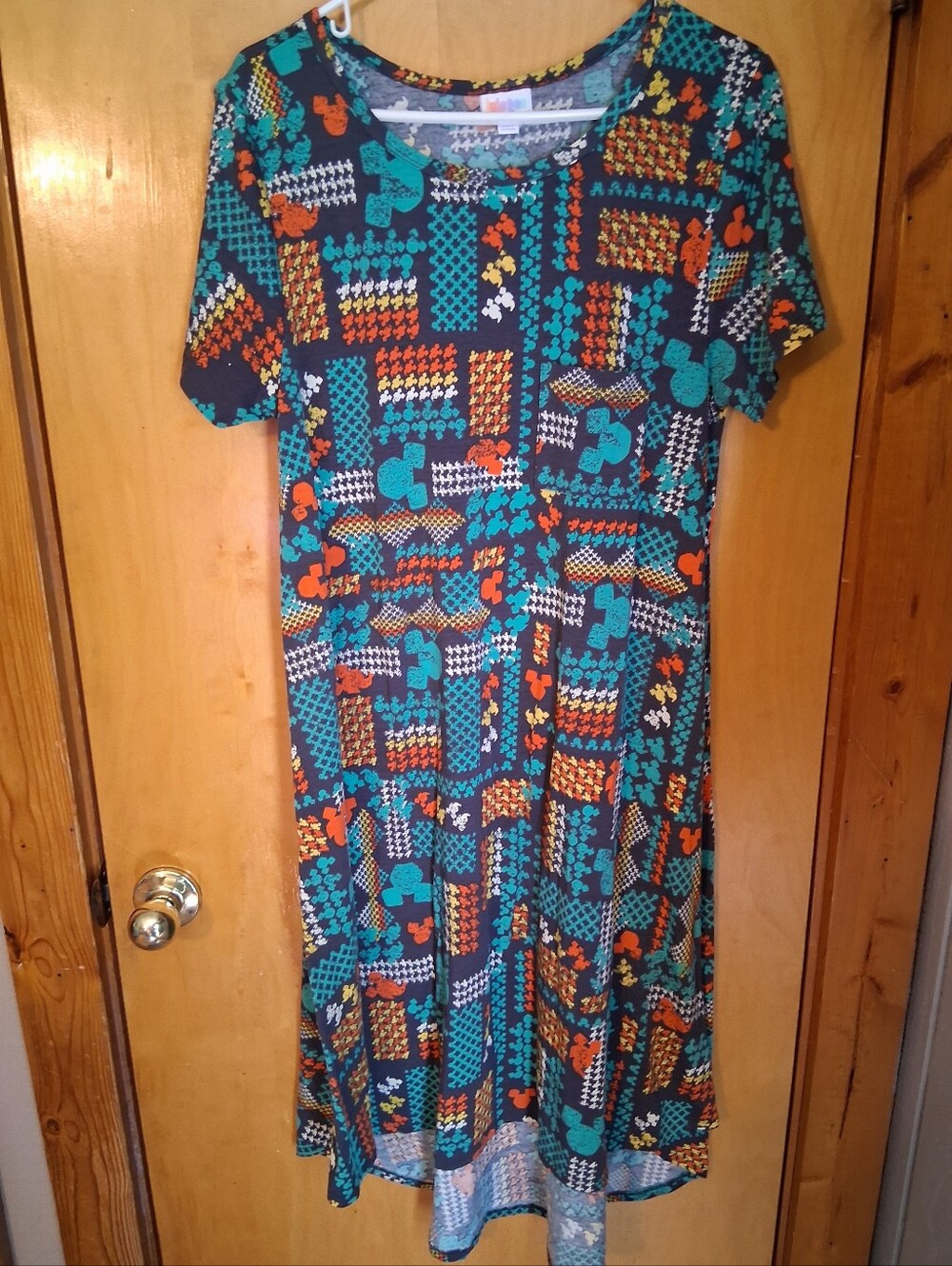 LuLaRoe Teal & Orange Mickey Patterned Short-Sleeve Midi High Low Dress